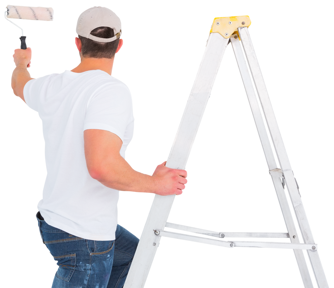 Handyman on Ladder with Paint Roller in Hands Transparent Background - Download Free Stock Images Pikwizard.com