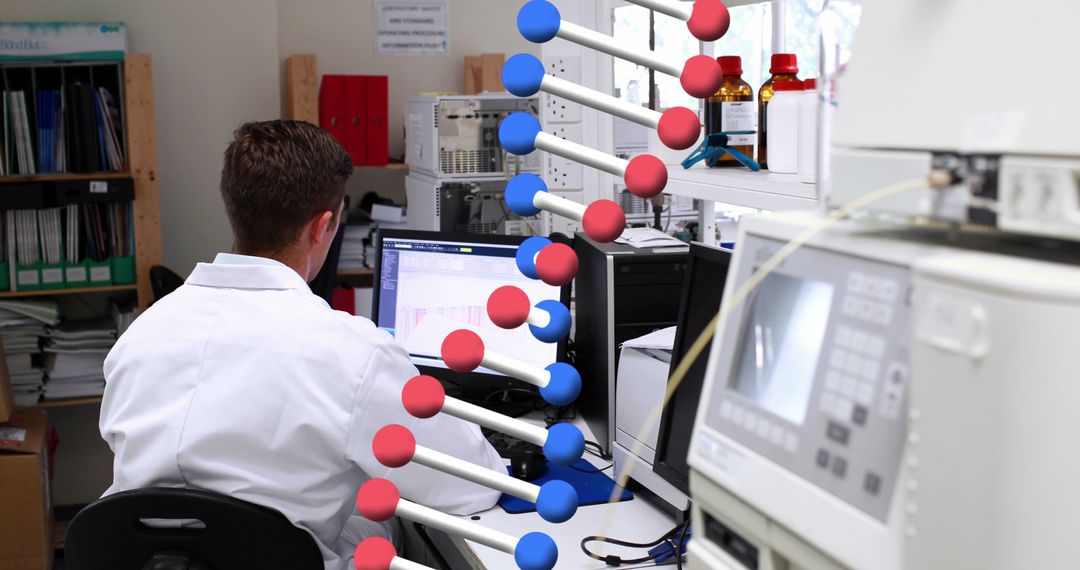 Scientist Analyzing Data in Modern Laboratory with DNA Graphic Overlay - Free Images, Stock Photos and Pictures on Pikwizard.com