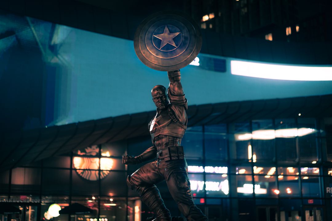 Captain America Statue at Night in Urban Landscape - Free Images, Stock Photos and Pictures on Pikwizard.com