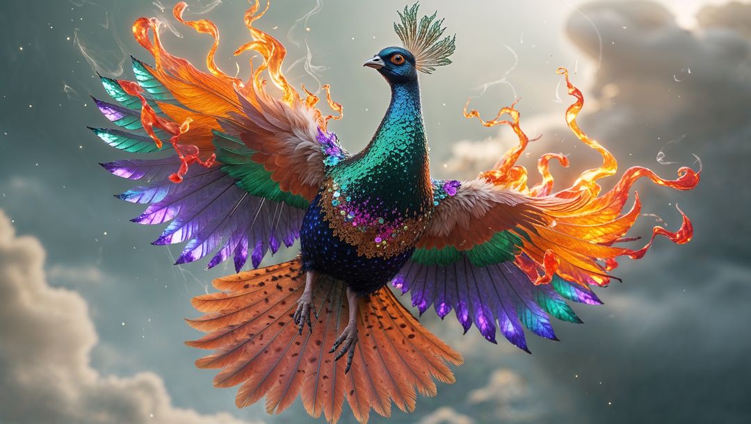 Majestic phoenix-like bird animal in fiery midflight among clouds