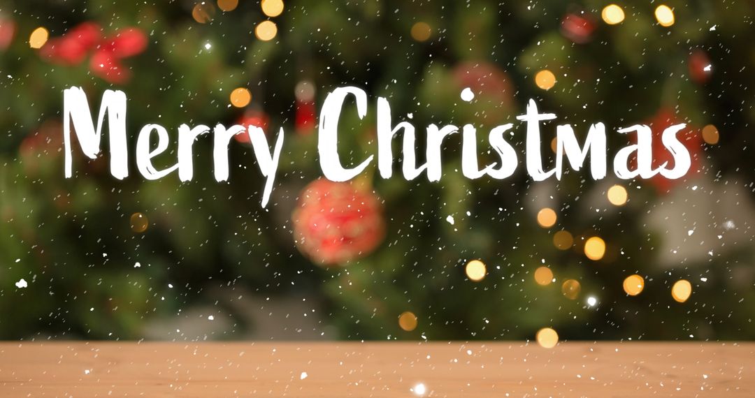 Festive Merry Christmas Text with Falling Snow and Lights