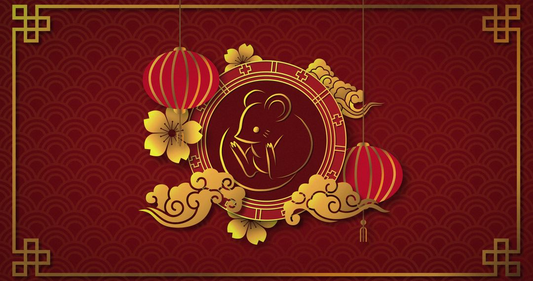 Chinese New Year Rat Design with Lanterns and Gold Elements - Free Images, Stock Photos and Pictures on Pikwizard.com