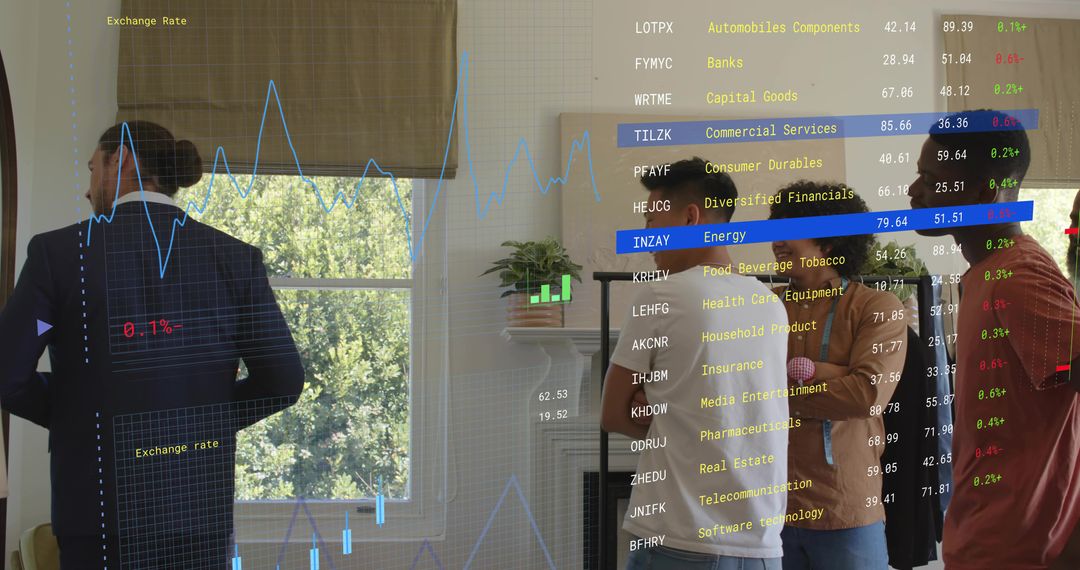 Men inspecting suits and adjusting wardrobe in living room with financial data overlay