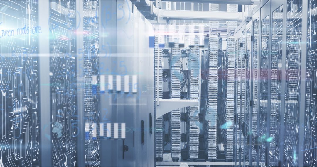 Futuristic Data Center Aisle with Server Racks and Blinking LEDs