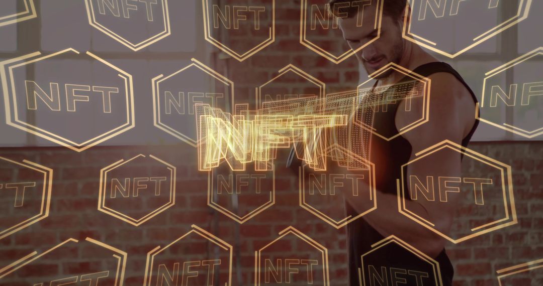 Man Lifting Dumbbell While Interacting With NFT Hologram - Fitness Technology Concept