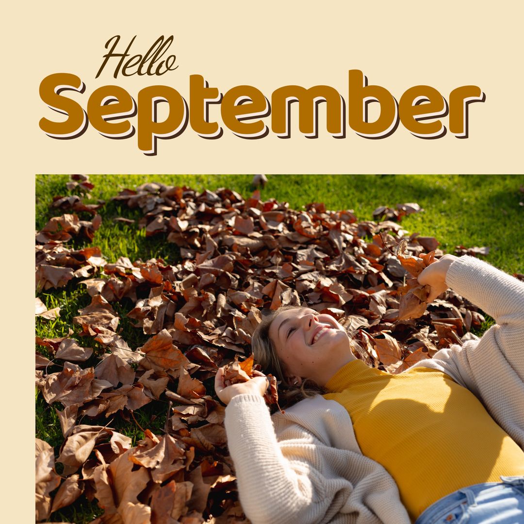 Hello September Autumn Vibes with Happy Woman in Fallen Leaves