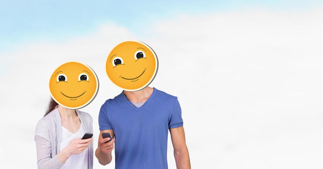 Digital composite image of man and woman with smiley faces using smart phones - Free Images, Stock Photos and Pictures on Pikwizard.com