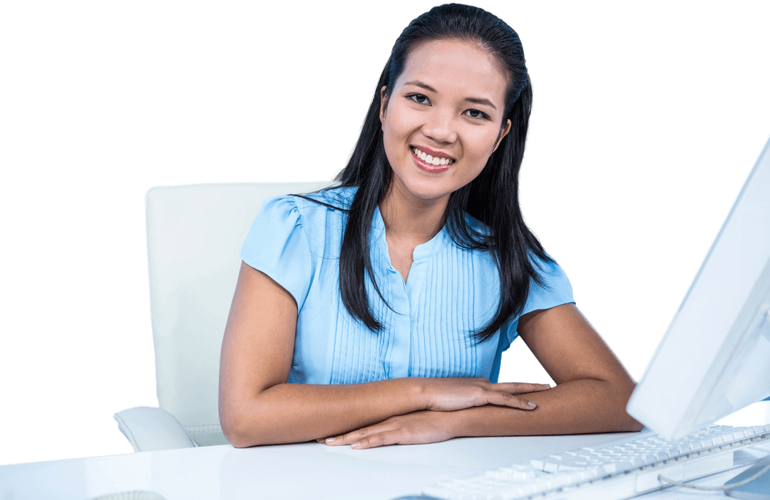 Transparent Smiling Businesswoman at Desk with Computer