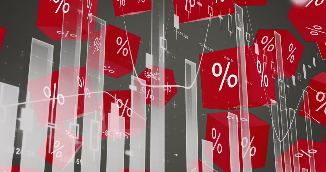 Red Percent Cubes Amid Floating Financial Graphs and Data