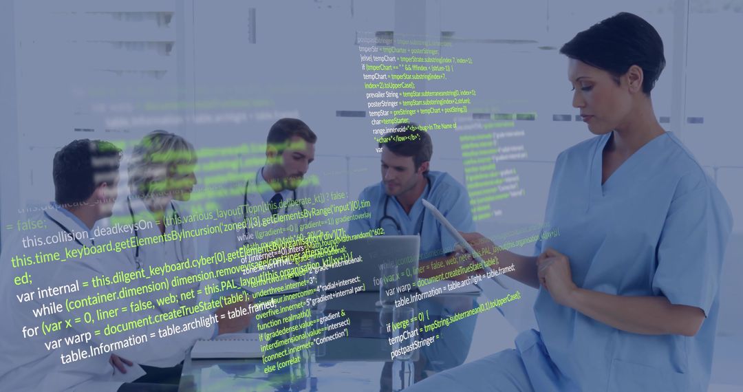 Healthcare Professional Analyzing Data with Digital Code Overlay