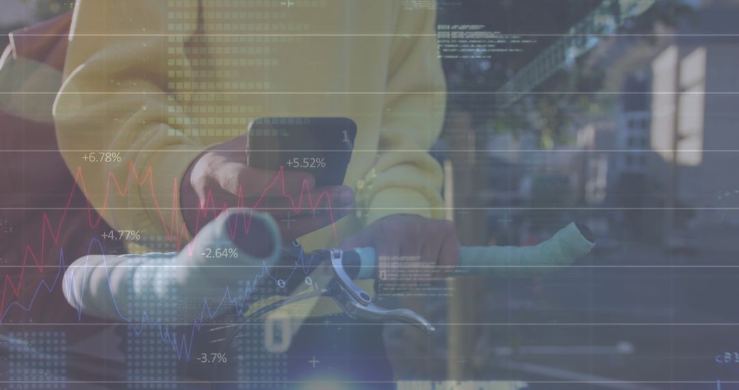 Financial Graphs Overlay on Man Using Smartphone Outdoors