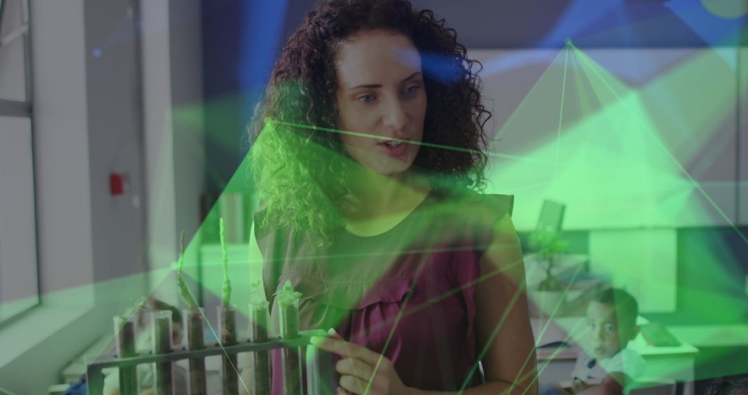 Teacher Illustrating Botanical Concepts with Digital Network Mapping