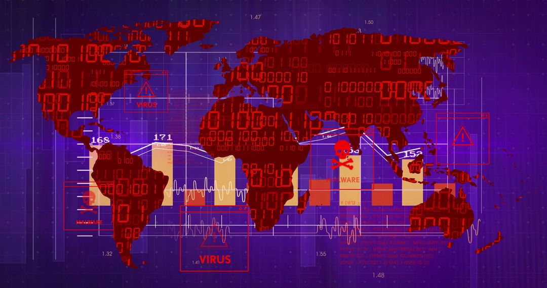 Global Cybersecurity Threat Analysis with World Map and Virus Icons