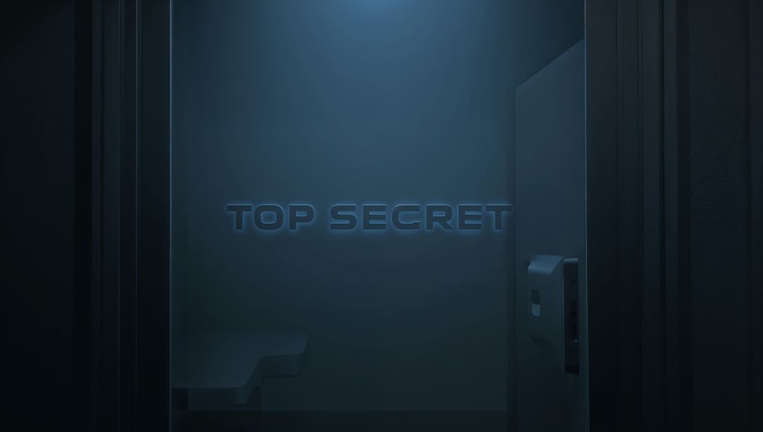 Frosted Glass Door Marked TOP SECRET with Card Reader in Dark Secure Corridor