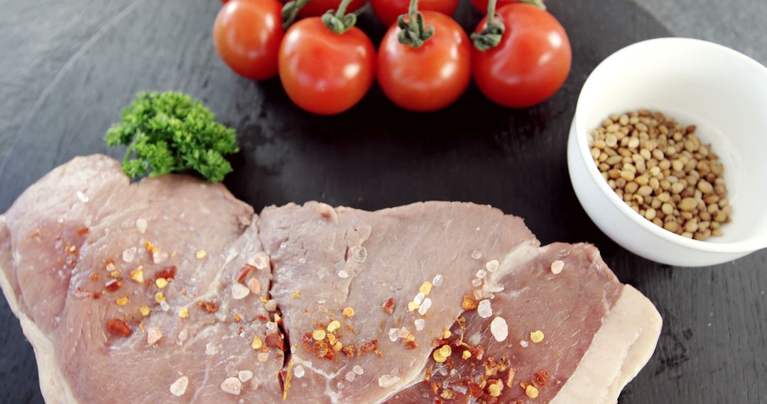 Freshly Seasoned Raw Steak with Tomatoes and Pine Nuts - Free Images, Stock Photos and Pictures on Pikwizard.com