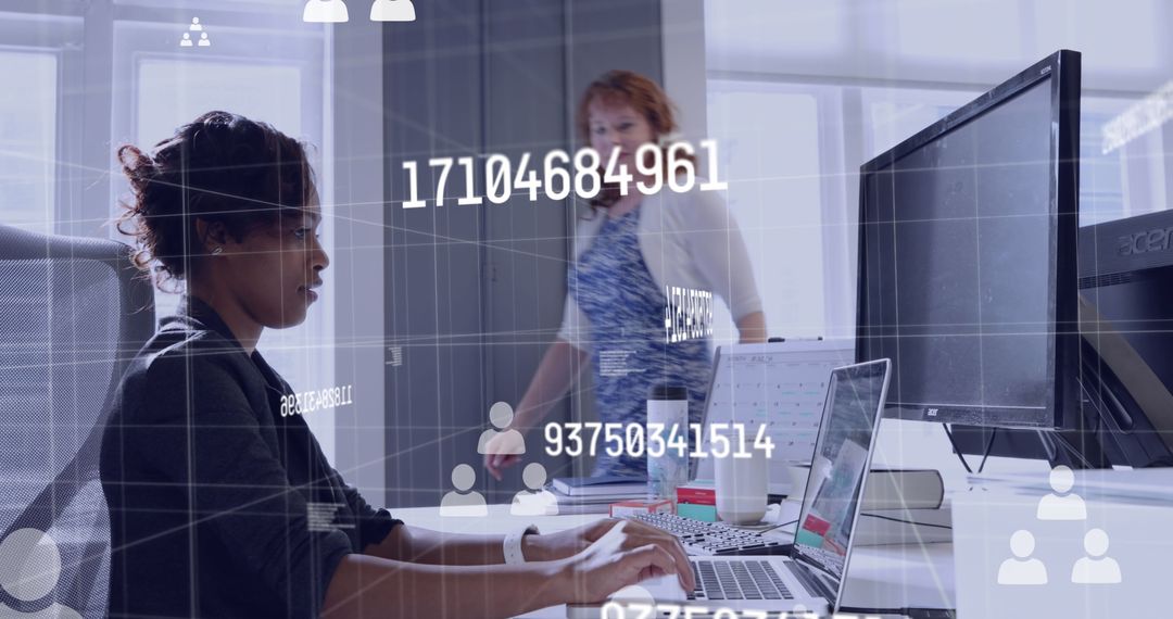 Diverse Team with Digital Data Interface Overlays Office Workflow