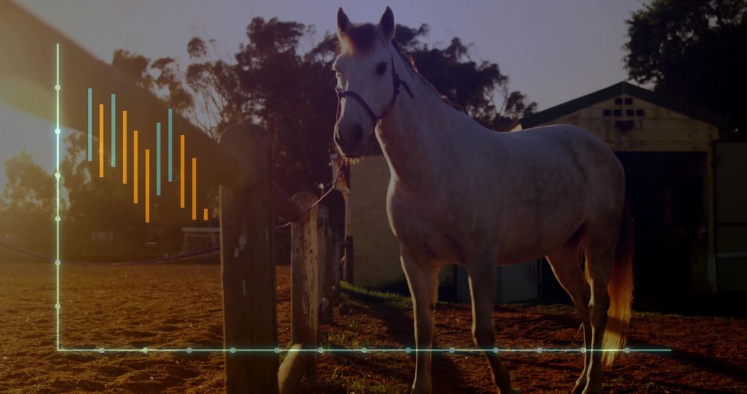 White Horse in Sunset Barnyard with Digital Graph Overlay