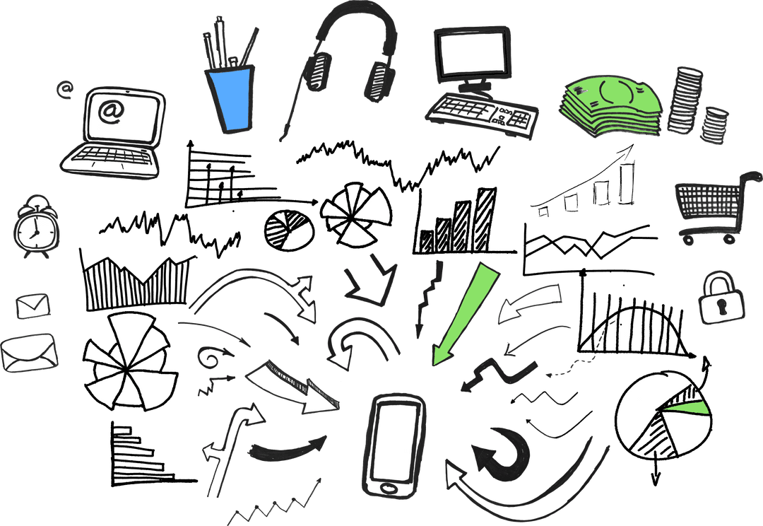 Business and Digital Communication Icons on Transparent Background