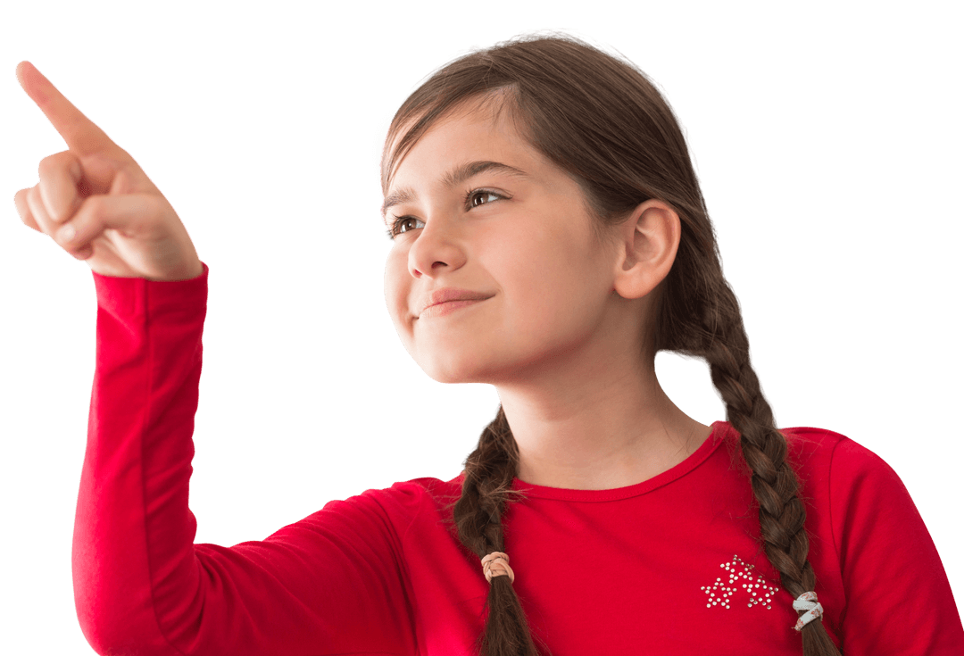 Smiling Child Pointing with Excitement on Transparent Background