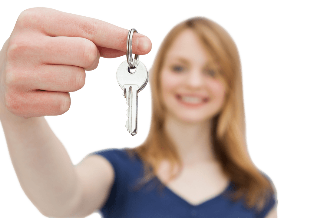 Smiling Woman Showing House Key on Transparent Background