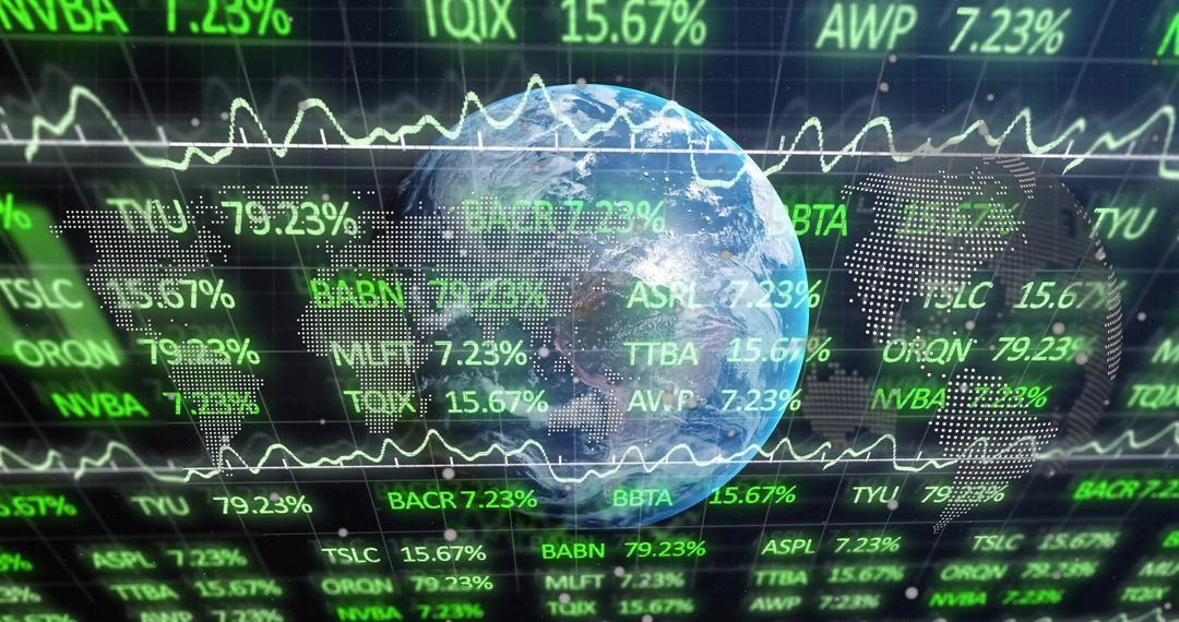 3D Earth Globe Over Trading Screens with Stocks and Charts