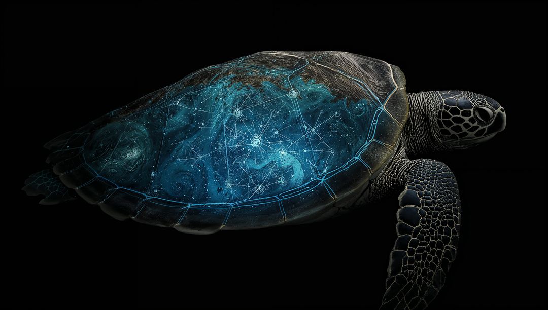 Glowing Sea Turtle Floating in Void with Bioluminescent Cosmic Shell and Star Nebula