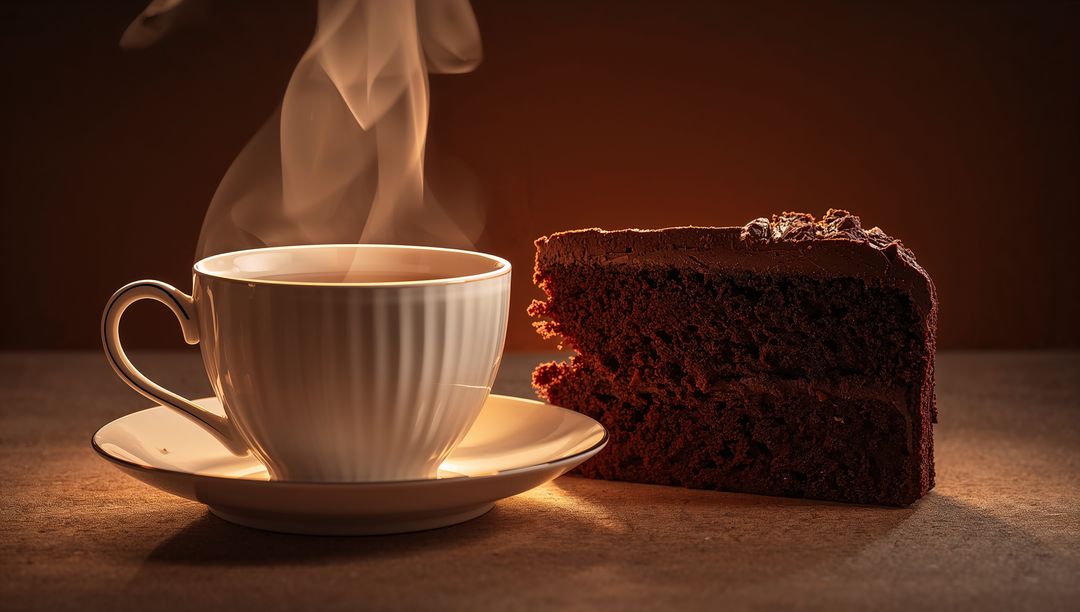 Steaming porcelain cup pairing with decadent chocolate cake slice on warm moody tabletop