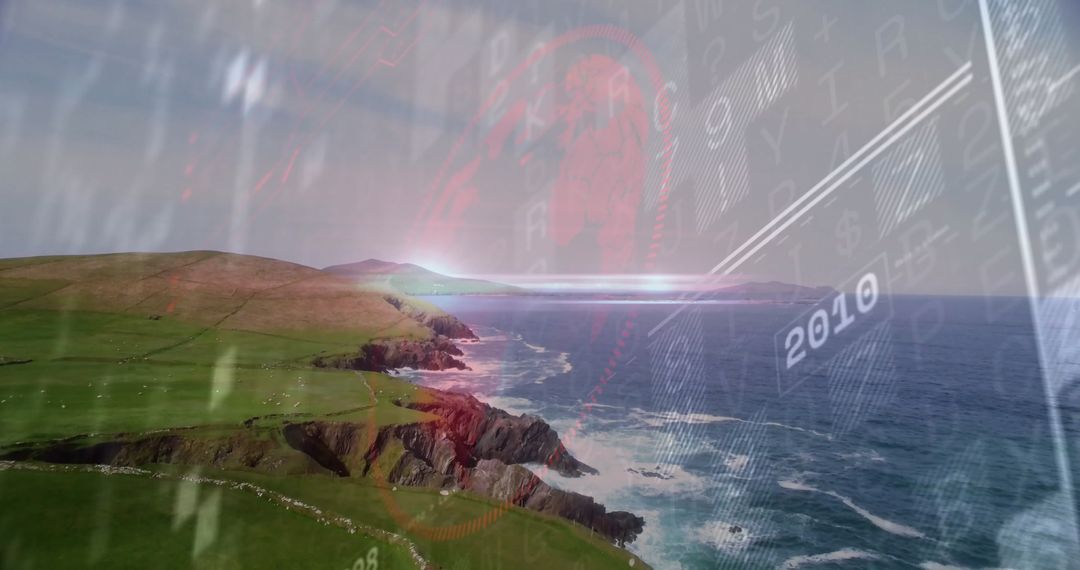 Digital Interface Overlay on Coastal Landscape