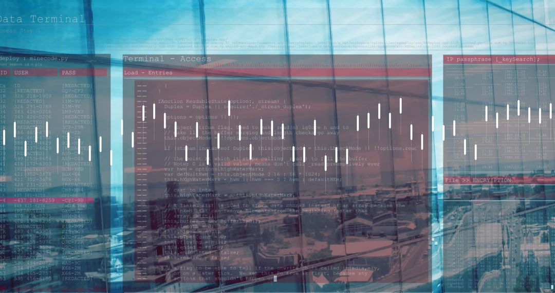 Digital Code Over Modern Cityscape with Graph Overlay