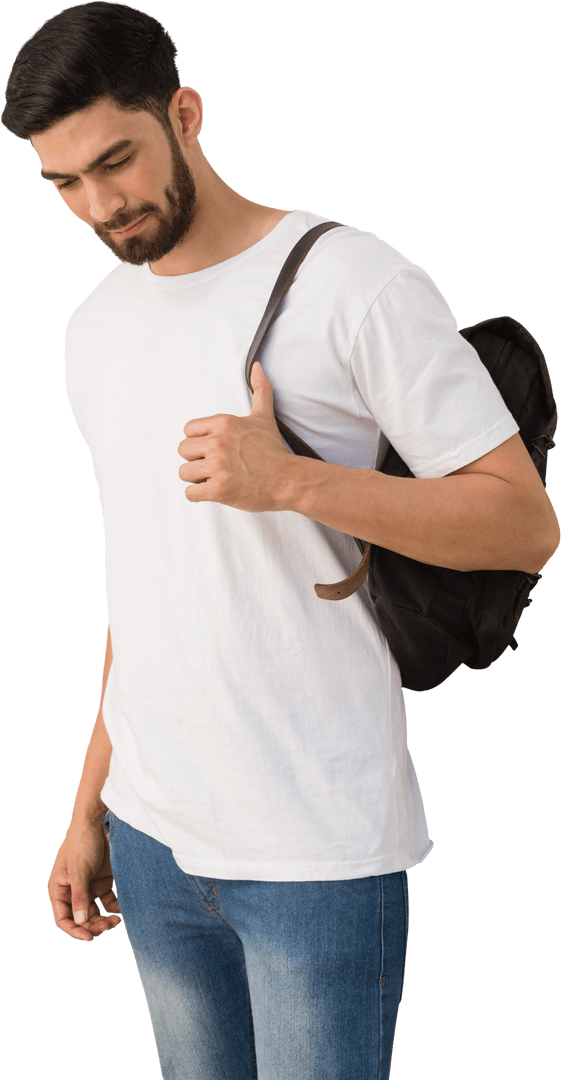 Thoughtful Young Man with Backpack on Transparent Background