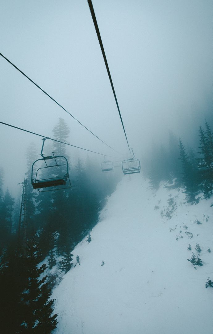 Mystical Ski Lift Descending Through Snowy Forest on Foggy Day - Free Images, Stock Photos and Pictures on Pikwizard.com