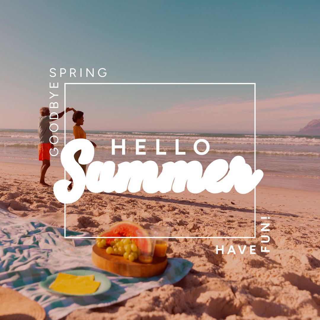 Joyful Couple Dancing on Sunny Beach with Picnic