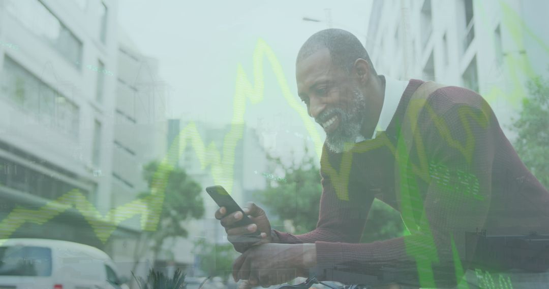 Smiling Man Using Smartphone with Overlay of Statistical Data