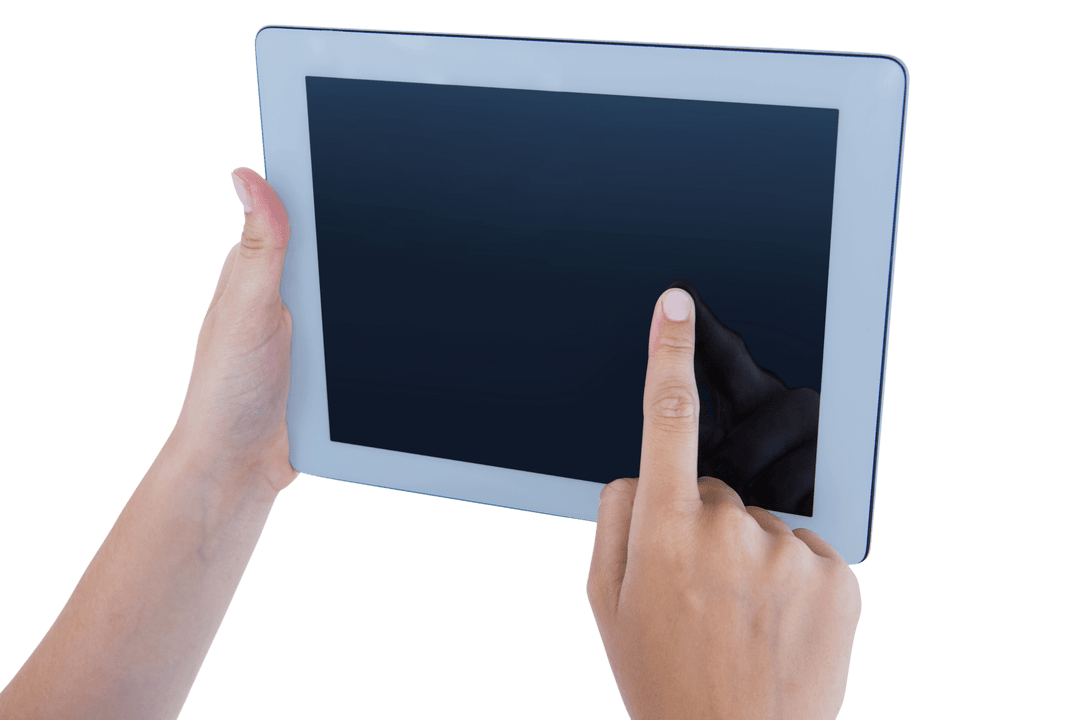 Hands Operating Transparent Tablet on White Background
