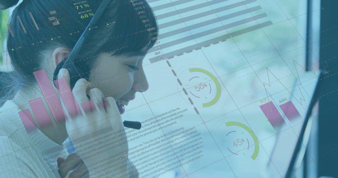 Smiling Call Center Agent with Interactive Data Visualization