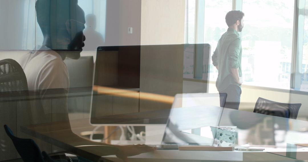 Double Exposure of Businessmen in Modern Office Environment