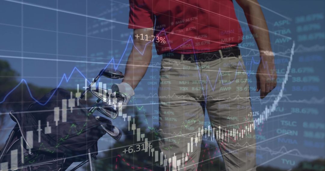 Golfer Analyzing Financial Graphs on Golf Course