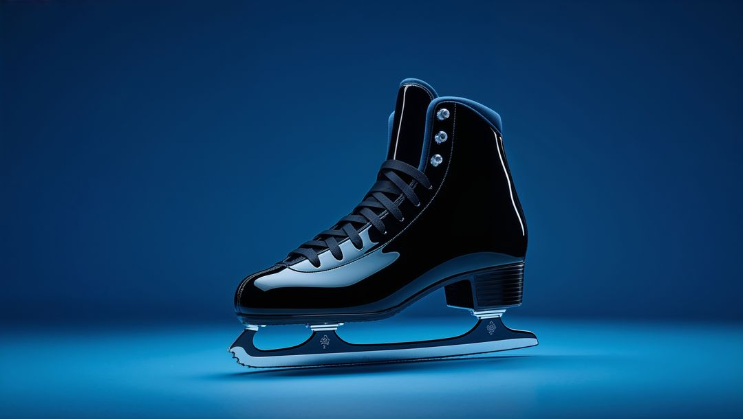 Glossy black figure skate on reflective blue ice skating surface