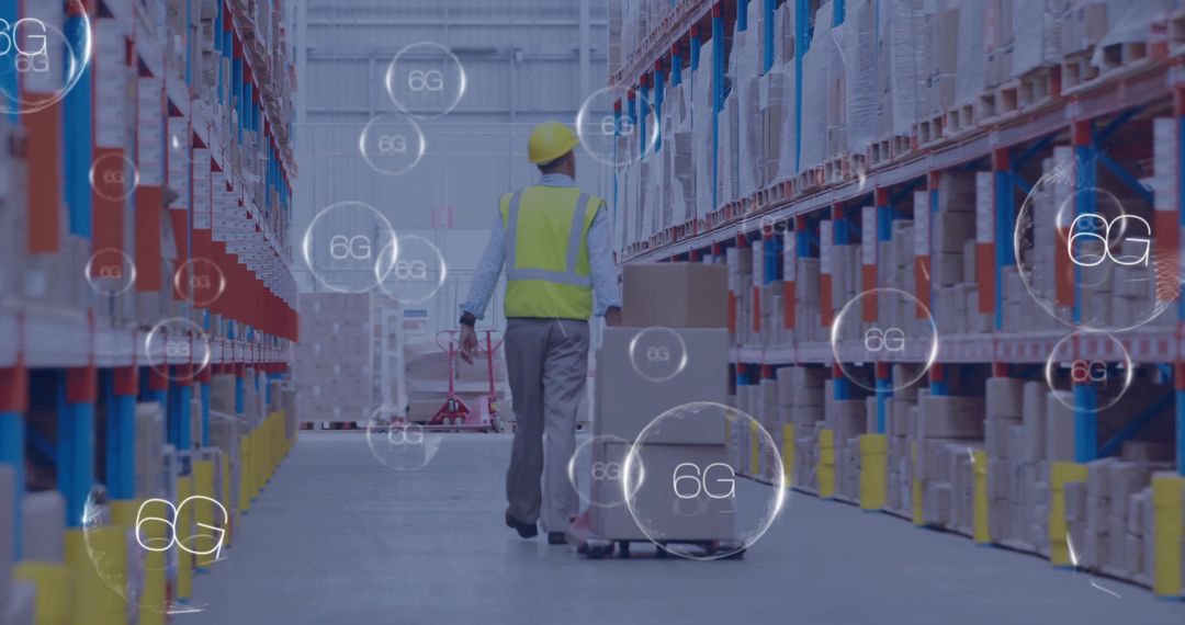 Warehouse worker pulling pallet jack with boxes in smart 6G connected logistics hub