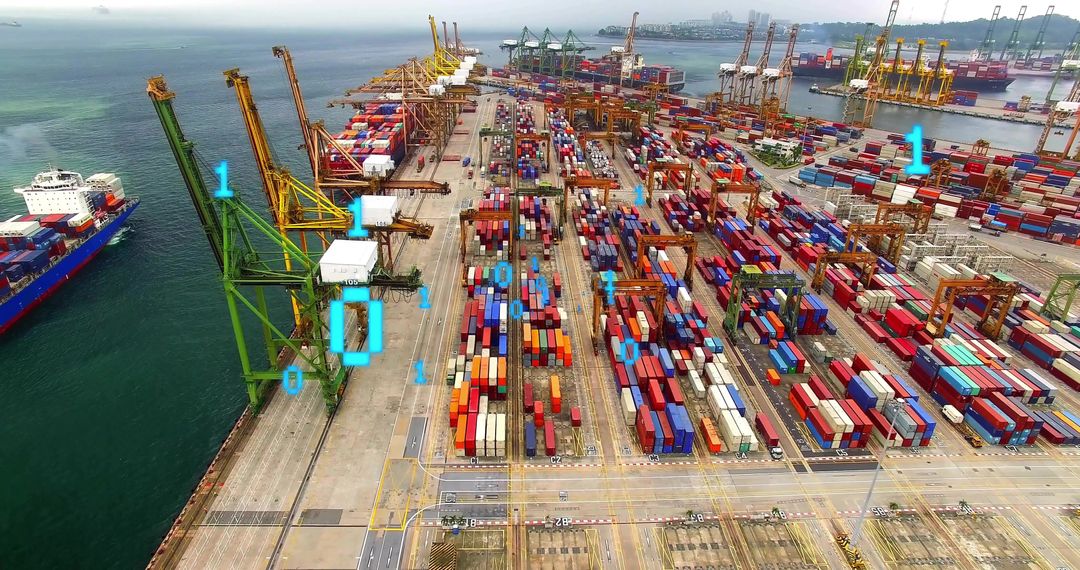 Aerial View of Busy Container Terminal at Large Port