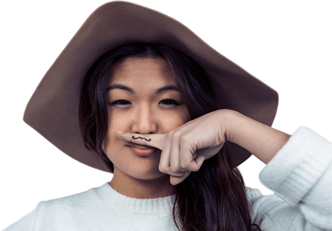 Transparent Asian Woman Playfully Showing Finger Moustache