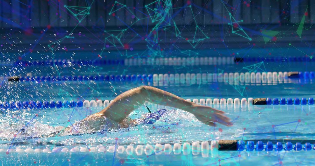 Swimmer in Action with Digital Network Overlay in Pool
