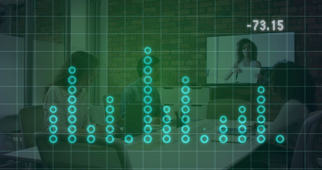 Modern Business Meeting in Office with Digital Data Overlay