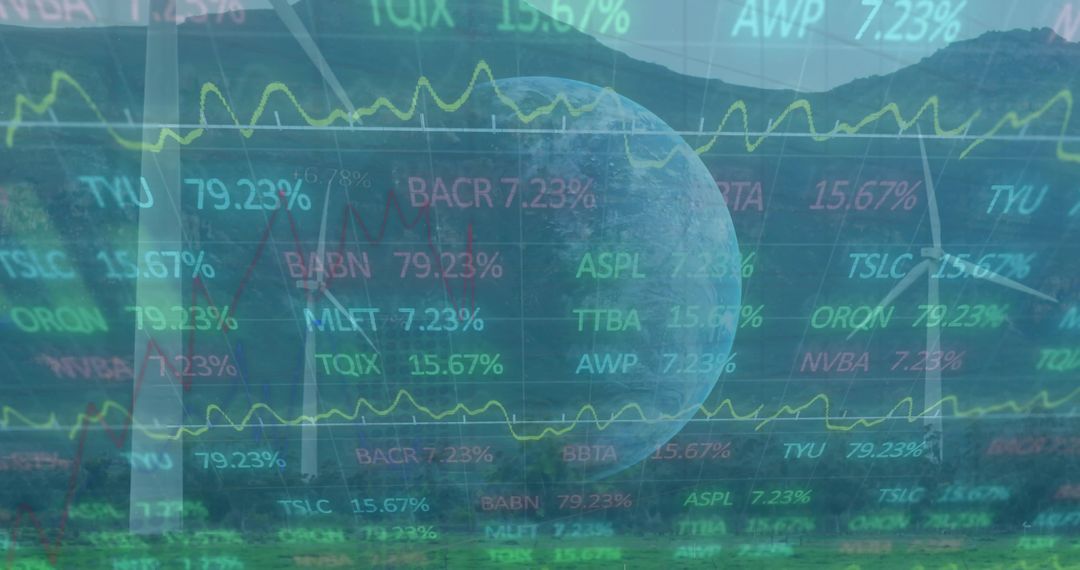 Overlaying stock market tickers over mountain ridge at dusk with moonrise and yellow trend line