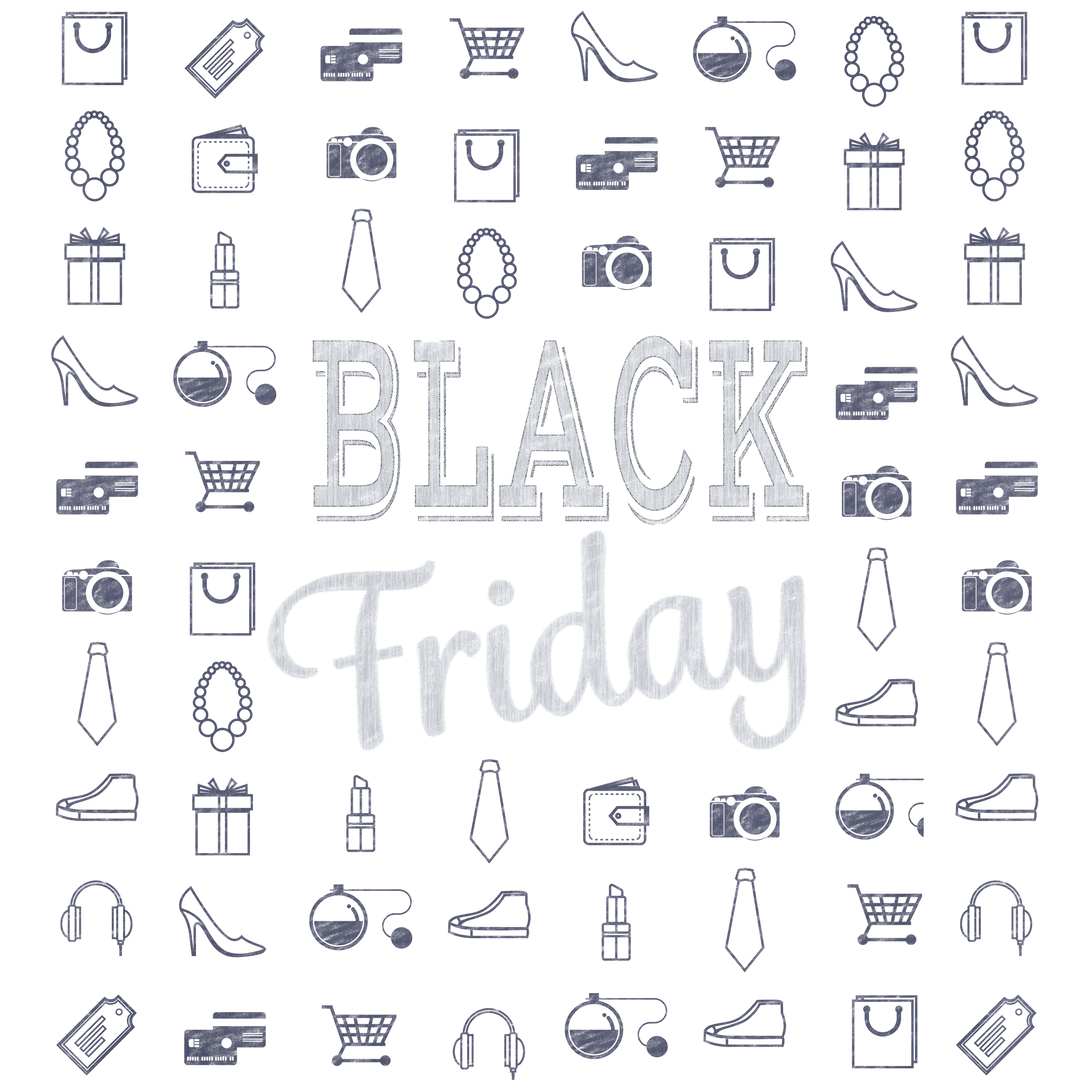 Black Friday Text on Transparent Background with Shopping Icons