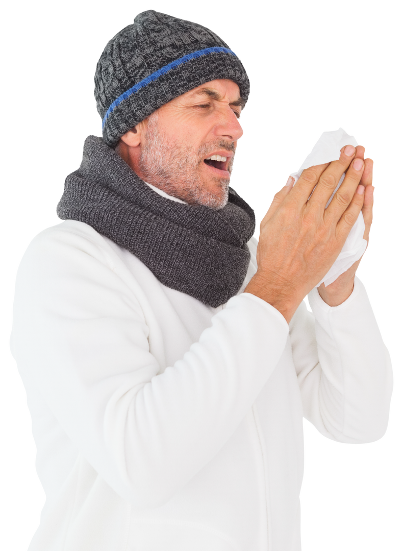 Transparent Image of Middle-aged Man Sneezing in Winter Wear - Download Free Stock Images Pikwizard.com