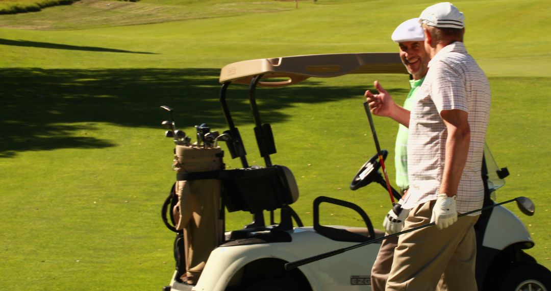 Two Friends Enjoying Day Golfing Together on Sunny Course