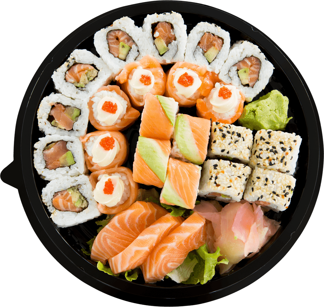 Transparent Japanese Sushi Platter Variety on Black Tray