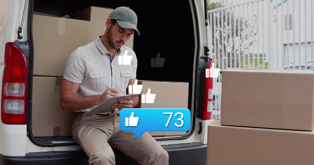Delivery Man Recording Parcels with Online Like Counts and Notifications