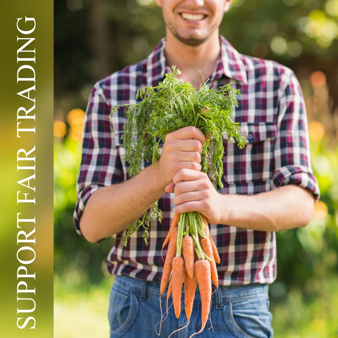 Happy Farmer Holding Bunch of Organic Carrots Signaling Support for Fair Trade - Download Free Stock Templates Pikwizard.com